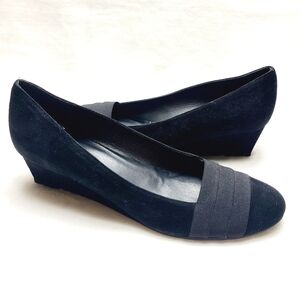 STUART WEITZMAN black suede with fabric accent wedge pumps